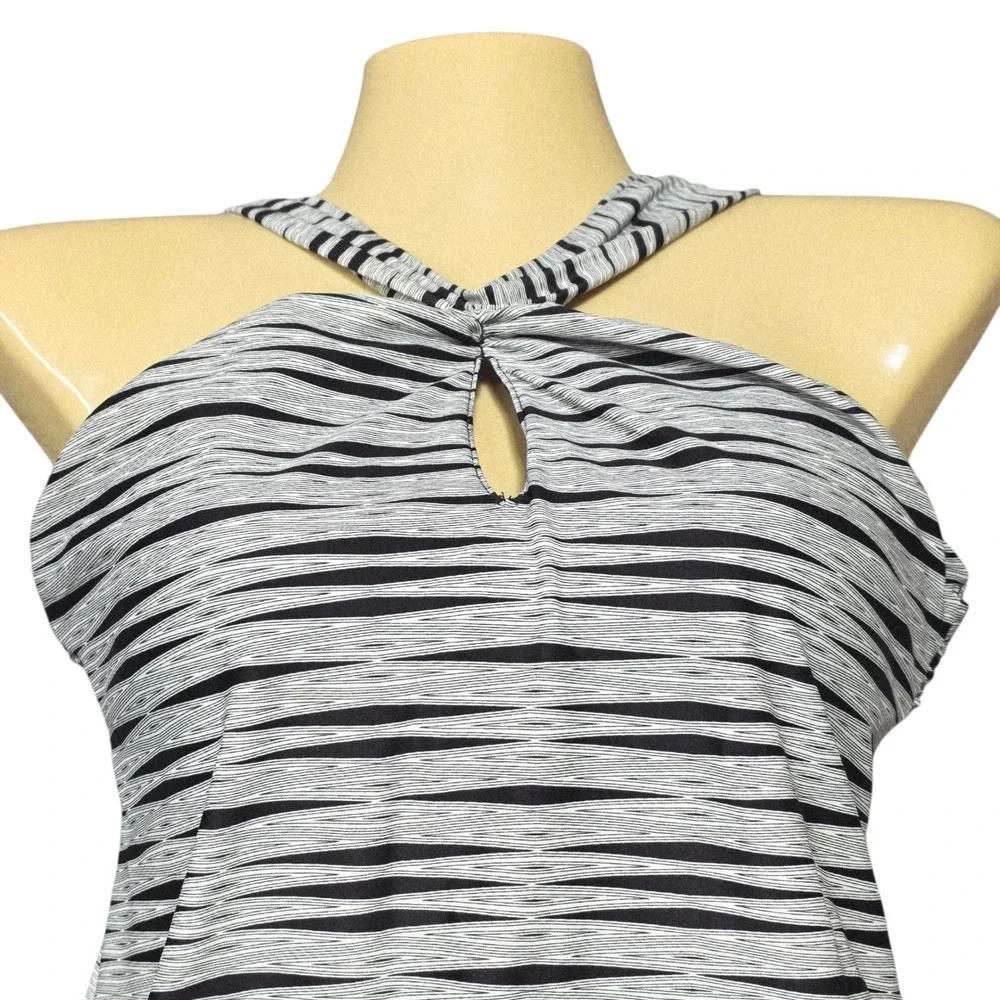 ATHLETA Dress XS Halter Top Gray Black Striped Sleeveless Casual Mini Swim Dress